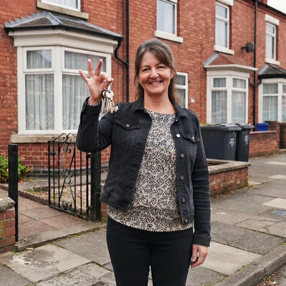 Landlord holding keys outside an ordinary British terraced rental house