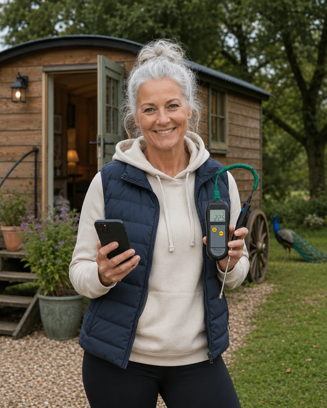 Holiday-let host checking a hot tap temperature with a thermometer and phone outside a shepherd's hut