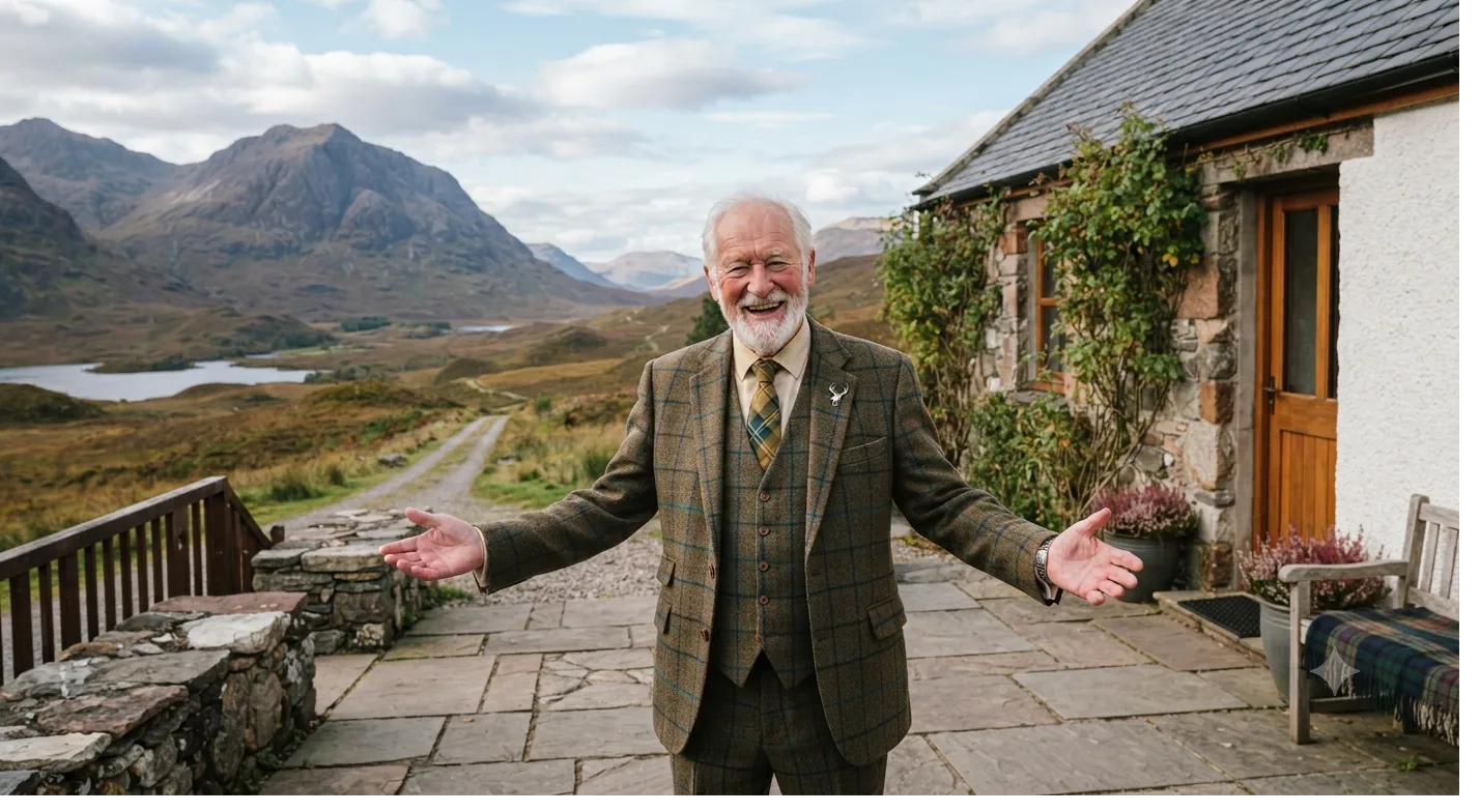 Airbnb and short-term let host outside a Highland stone cottage in Scotland